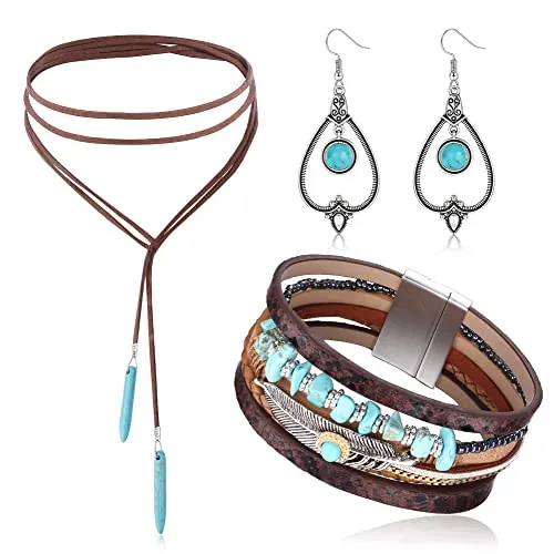 JeweBella Juegos de Joyas Bohemias para Mujeres Vintage Bohemio Collar Colgante Turquesa Pendientes y Pulsera Turquesa Retro Tribal Regalo de Joyería