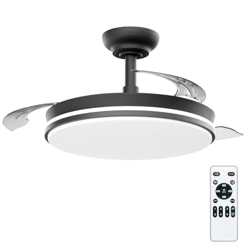 LEDUNI Ventilador con Luz LED 72w 7590LM con mando a distancia, Motor DC temporizador, 6 velocidades, aspas retráctiles, 3 temperaturas de luz, función verano-invierno Silencioso (Negro)