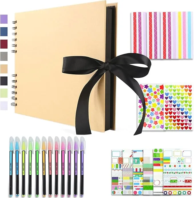 Vienrose Álbum de Fotos Scrapbook 10x15 cm Álbum de Recortes para Pegar y Escribir 80 Negra Páginas Espiral DIY Regalos de Boda Aniversario Bebé Cumpleanos Familiares Navidad, 28,5x21cm, Caqui