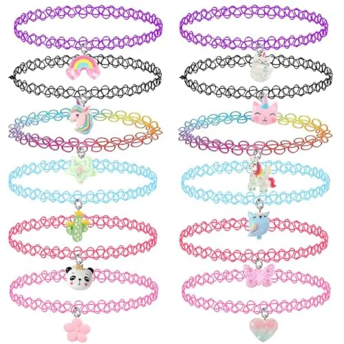 VURYAPI 12 Piezas Juego de Cadena de Gargantilla, Collar Elástico, Collar de Arco Iris Gargantilla Collares Joyería de Moda Bisutería para Niñas Niñas Niños Mujer Goma Elástica/Plástico