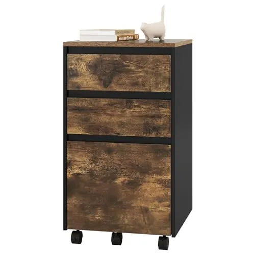 WOLTU Archivador Móvil con 3 Cajones, Cajonera con 5 Ruedas Multiusos, Gabinete de Archivos Debajo del Escritorio para Documentos de Oficina, Roble Marrón y Negro, 40x40x71.5 cm, ASK01hov