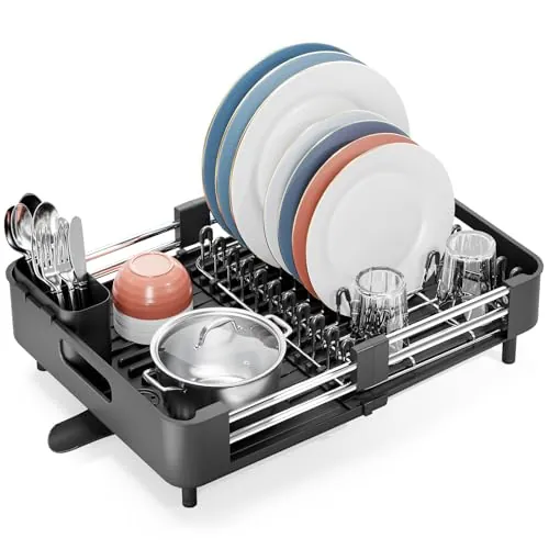 KINGRACK Escurridor de Platos, Escurreplatos Extensible, Escurridor de Platos Acero Inoxidable con Portautensilios Extraíble, Escurreplatos sobre Fregadero con Caño de Drenaje, Negro