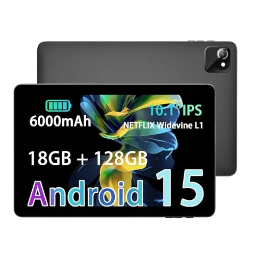 UBDXBD Tablet Android 15 de 10,1 Pulgadas con Cargador, 18GB RAM 128GB ROM, Octa-Core T30, Ampliable hasta 1TB, Face ID, WiFi 2.4/5G, Batería 6000mAh, GPS, Cámara Dual, GMS, Gris