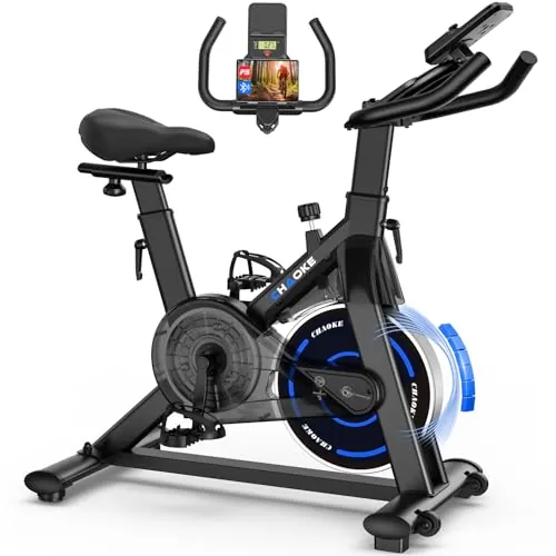 CHAOKE Bicicleta Estatica con APP, Bicicleta Spinning Magnética de Resistencia Súper Silencioso 10DB, Asiento Transpirable Suave y LED Pantallas, Max 150KG