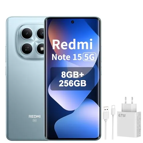 XIAOMI REDMI Note 15 5G - Smartphone de 8+256GB, Pantalla AMOLED FHD+ de 6,77", Snapdragon 6 Gen 3, cámara de 108 MP, batería de 5520 mAh, Azul Glaciar, Included 67W Charger