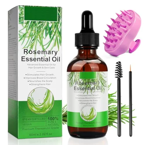 Aceite de Romero para el Crecimiento del Cabello 60ml con Masajeador de Cuero Cabelludo, Aceite Esencial de Romero 100% puro para Pestañas, Cejas, Rostro, Cuidado de la Piel, Masaje Corporal