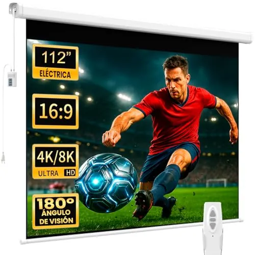 Pantalla de proyeccion electrica Luxscreen de 112" Dimensiones de la Tela 2 x 2 Metros y cajetín de Acero 223 cm, Tela Blanco Mate con Ganancia de Brillo 1.1, Incluye Mando a Distancia