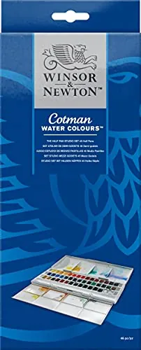 Winsor and Newton. Acuarela Cotman, set de estudio, 45 medias sartenes y 1 pincel redondo para acuarela Cotman