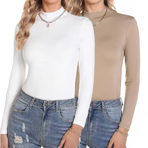 Aottori Camiseta Cuello Alto Mujer Básico Blanco+Caqui M | Top, Manga Larga, Ropa Interior, Baselayer, Jersey, Ligero, Sólido, Otoño Invierno, Térmica