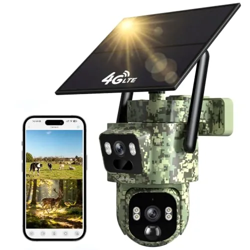 LEMNOI 4G Cámara de Vigilancia Exterior Solar con Dos Lentes, SIM Preinstalado Sin WiFi, 360° PTZ con Seguimiento Humano, Detección de Movimiento, 2K Visión Nocturna, Audio Bidireccional, IP66