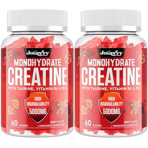 Gominolas de Creatina Monohidrato, 5000 mg de Creatina Monohidratada por cada Dosis, Potenciador Preentrenamiento, Más Práctico que el Polvo, Sabor a Bayas, Vegano (60 Unidad (Paquete de 2))