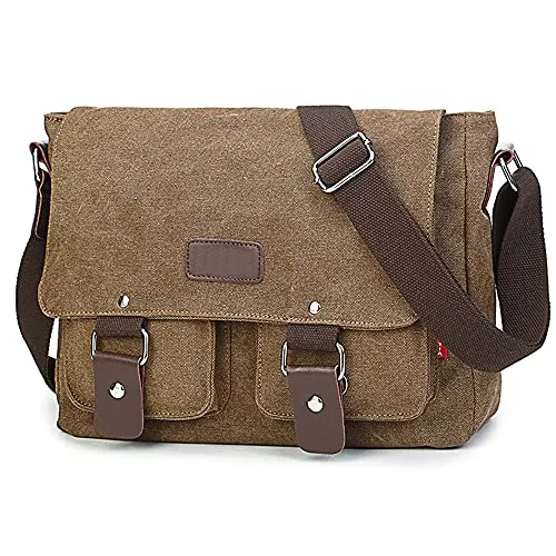 Bolsa de Mensajero, Bolso de Hombro de Lona, Bolso Multibolsillos con Bandolera Ajustable, Bolso de Mensajero Adulto Unisex del Maletín del Bolso para el Trabajo, la Escuela, Marrón