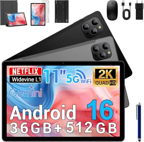 BEYNIVAN Android 16 Tablet 11 Pulgadas - Gemini Ai,Tableta Gaming Octa-Core T615,36GB RAM+ 512GB ROM,Widevine L1,Netflix 1080P,1920 * 1200 FHD,8000 mAh,Cámara 16MP+8MP, GPS,Tablet con Teclado,Gris
