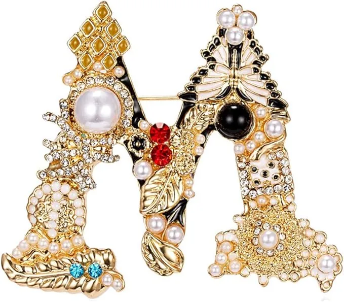 Broche de perlas barrocas con diamantes de imitación y letras inglesas, broche de solapa de cristal colorido para mujer, joyería de moda - M