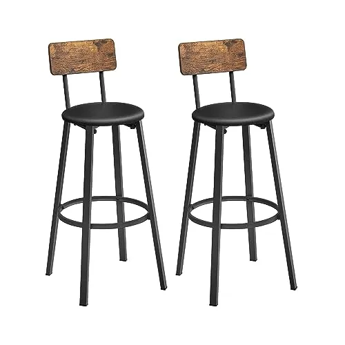 VASAGLE Taburetes de Bar, Juego de 2 Taburetes de Barra, Tapizados de PU, Taburete Alto con Reposapiés, Montaje Simple, Industrial, para Cocina, Comedor, Marrón Rústico y Negro Tinta LBC069B81