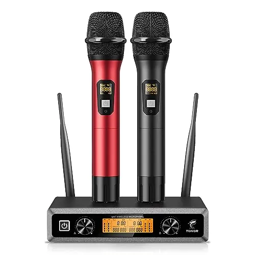 TONOR Micrófono Inalámbrico Dual Sistema de Micrófono Inalámbrico de Mano Profesional UHF, Set KTV Hogar para Karaoke, DJ, Fiesta, 60 Metros, TW820, Negro