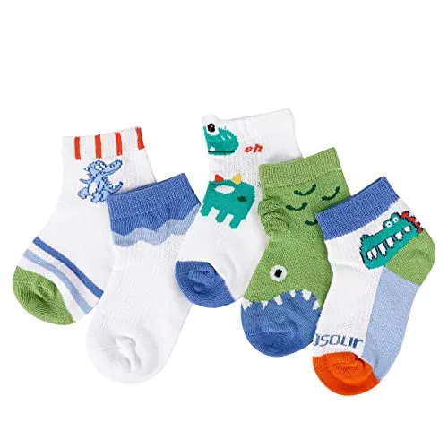 Jupsk 5 Pares de Calcetines de Dinosaurio para Niños, Calcetines Deportivos Tobilleros Atléticos, Calcetines Transpirables de Malla Fina de Verano, Calcetines de Corte Bajo para Niños de 1-8 Años