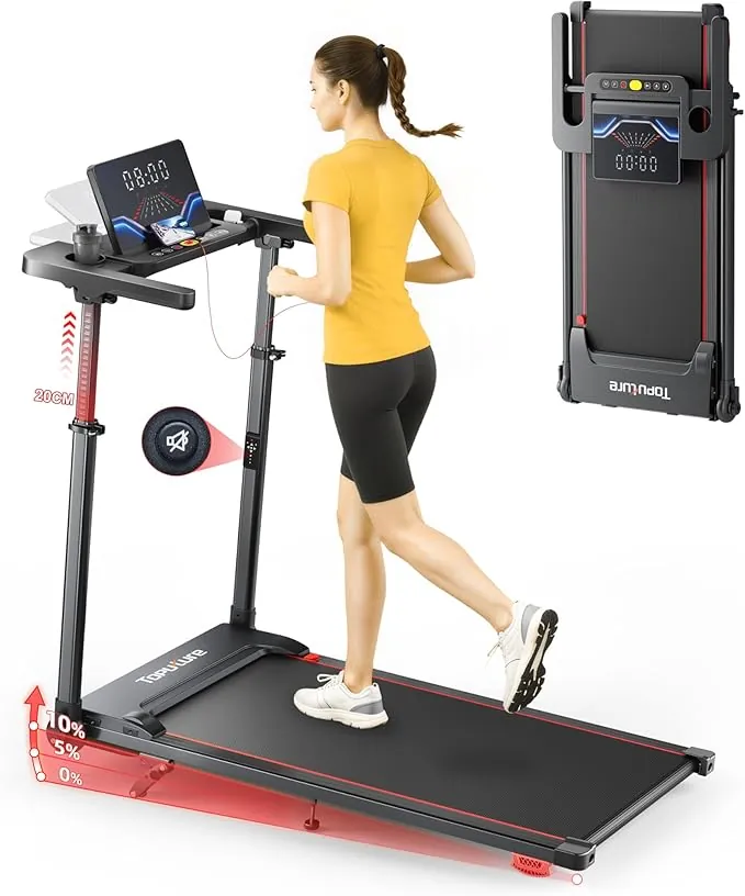 6 EN 1 Cinta de Correr Plegable, 0%-5%-10% Inclinación, 12 KM/H, Toputure Cinta Andar con Manillar Ajustable para Hogar y Oficina, Walking Pad con App, Control Remoto, 95°-105° Pantalla LED Ajustable