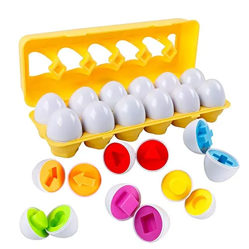 HVDHYY Juguete de Huevos Plástica 12pcs Juego de Reconocimiento de Formas y Colores Clasificación Puzzle Juguete Educativos Geométricos para 3+ Niños y Niñas Regalo Navidad/Día del Niño/Cumpleaños