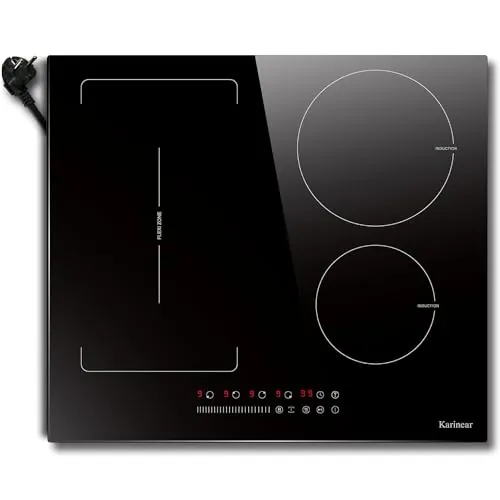 Karinear Placa de Inducción 4 Fuegos con Zona Flexible, Control Deslizante Táctil, Función de Boost, Función de Pausa, Temporizador, Induccion 60 CM con Enchufe, 220-240 V, 3500 W