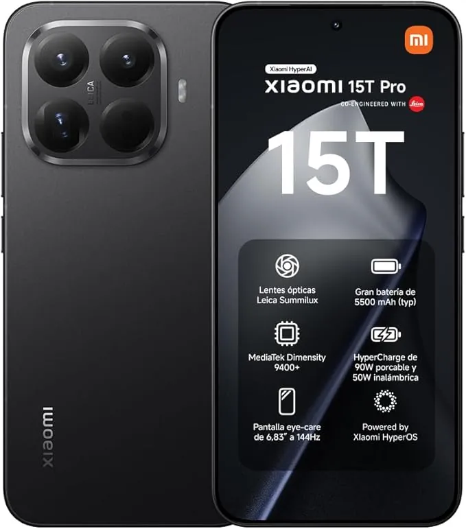 XIAOMI 15T Pro - Smartphone de 12+512GB, Lente óptica Leica Summilux, MediaTek Dimensity 9400+, Pantalla Eye Care de 6,83" 144 Hz, HyperCharge de 90W, Cargador no Incluido, Negro (Versión ES)