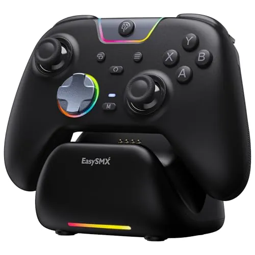EasySMX X05Pro Mando PC Inalámbrico con Base, 1000Hz, Joysticks Hall, Botones Silenciosos, Gatillos de 2 Etapas, D-Pad 8 Direcciones, 1000mAh, 2 Botones Programables, PC/Switch/Android/iOS – Negro.