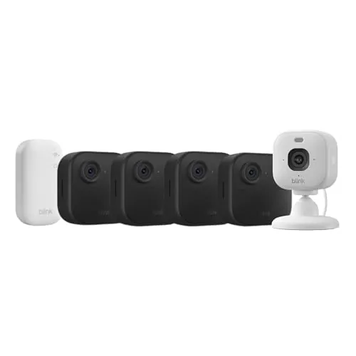 Blink Outdoor 4 + Cámara Mini 2K+ Blink Blanco (última generación) | cámara de seguridad inteligente HD sin cables, 2 años de autonomía| sistema de 4 cámara con Sync Module Core incluido
