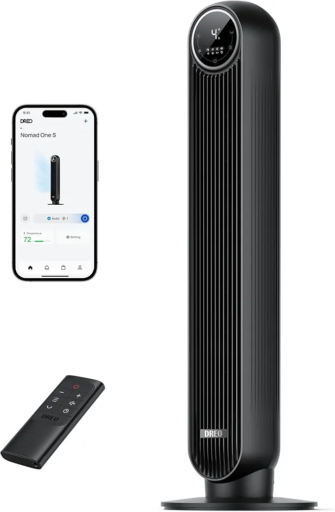 Dreo ventilador de pie silencioso, ventilador de torre con velocidad de 7,6 m/s, 4 velocidades, rotación de 90°, temporizador de 8 horas, pantalla LED y mando a distancia incluido. negro. Alexa