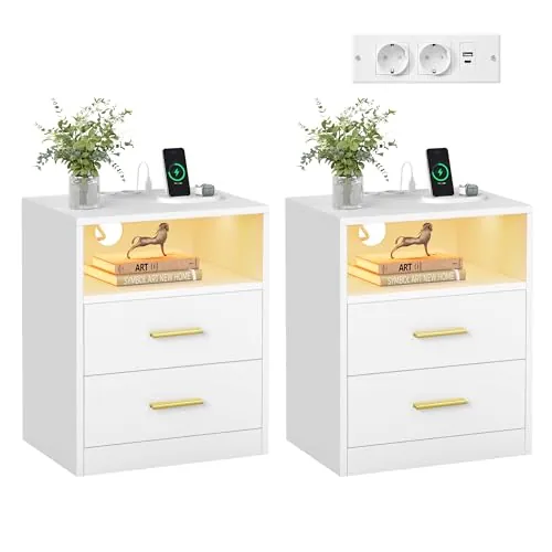 VASAGLE Custos Colección - Juego de 2, Mesita de Noche con Estación de Carga, Luz LED, Mesa Auxiliar con Cajones, Estante Abierto, 2 Tomas CA y Puertos USB, Blanco Nube LET829WB01