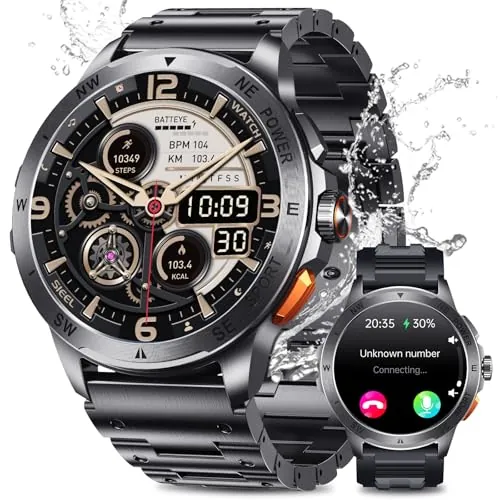 Reloj Inteligente Hombre Militar con ET/HRV/SIRI, 1.43" AMOLED Smartwatch Hombre con Llamadas Bluetooth Pulsómetro SPO2/100+ Modos Deportivos/IP68 Impermeable/Monitor de Sueño/para Android iOS (Acero)