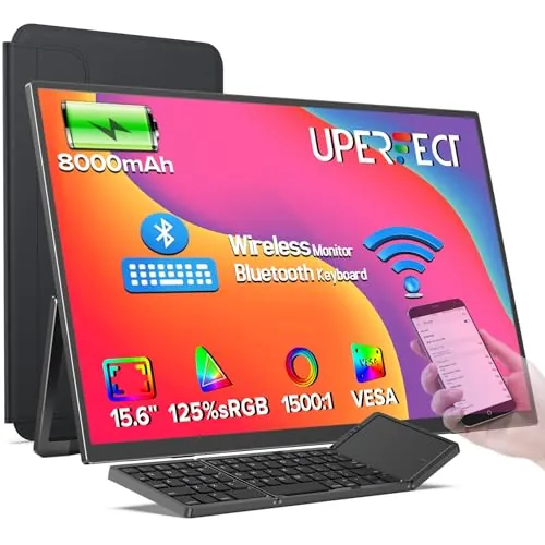 UPERFECT Monitor portátil Wireless con 8000mAh Batería, 15,6 Pulgadas 1080P 125% sRGB Ultradelgado Pantalla Portatil con Funda/Teclado para Laptop/PC/Teléfono/Game Console, Soporte AirPlay/Miracast