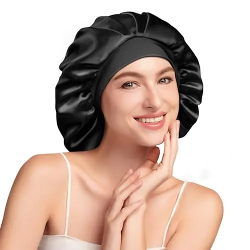 Umisleep Gorro de Seda para Dormir con Interior 100% Seda de Morera 22 Momme, Doble Capa – Gorro Grande para Pelo Rizado/Largo con Banda Ancha Ajustable, ultrasuave, Negro+Morado