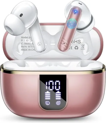 W70 Pro Auriculares Inalámbricos Bluetooth 5.4, Cascos Inalámbricos In-Ear con 46H de Batería y Pantalla LED, IPX7 Impermeable Auriculares Deportivos con 4 Micrófonos ENC para Android iOS. Rosa