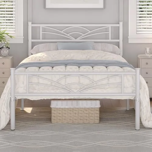 Yaheetech Cama Individual 90x190 cm Espacio Bajo Altura 32 cm Blanco | Estructura Cama de Metal con Cabecero Montaje Sencillo