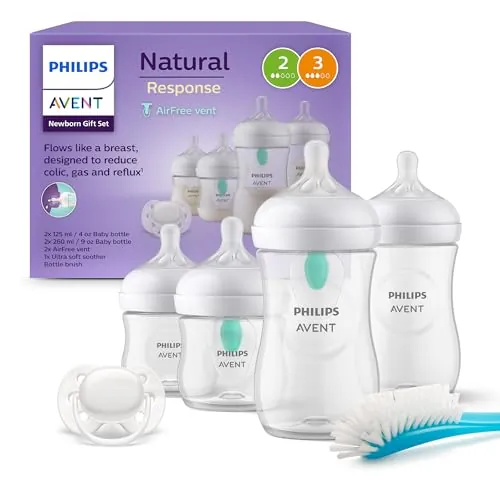 Philips Avent Set de regalo para recién nacidos: 4 biberones con sistema AirFree, chupete ultra soft y escobilla, de 0-12 meses (modelo SCD657/11)