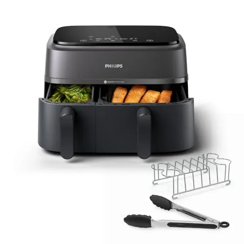 Philips 3000 Airfryer - Freidora de Aire doble cesta 9L, Kit Desayuno