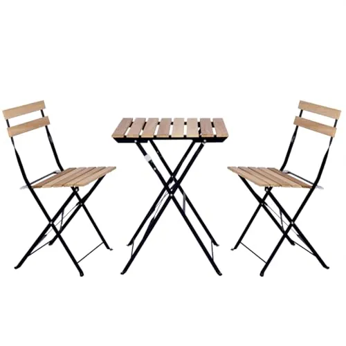 Set de 3 Muebles de Mesa y 2 Sillas, Jardín, Exterior, Plegables, Metal y Madera, para Terraza Estilo Retro, Estructura de Acero, tipo Bistró, Patas Antideslizantes, Balcones Pequeños, Terrazas