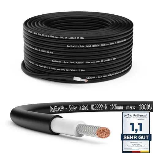 RedStar24 Cable Solar Premium 6mm² Negro – 10m – Certificado TÜV SÜD – Resistente a rayos UV, flexible – Cable fotovoltaico PV para panel solar, inversor y regulador de carga – Alta durabilidad