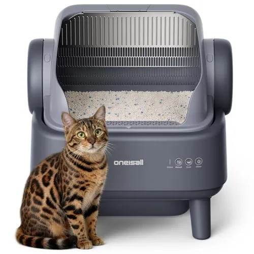 oneisall Arenero para gatos autolimpiante con sistema EaseClean™, arena autolimpiante para gatos XXL para gatos grandes, rejilla de acero inoxidable, modo automático y manual, incluye alfombrilla y 40