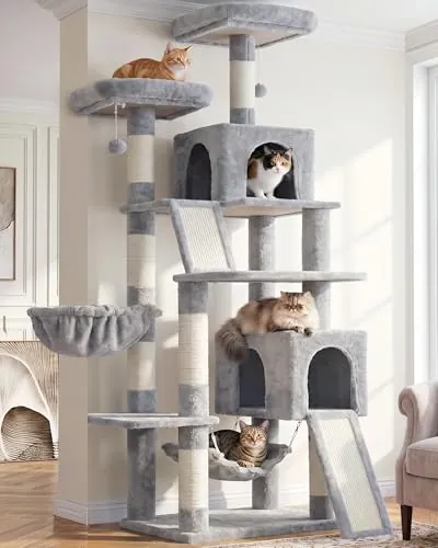 Gitelsnour Rascador para Gatos 180 cm, con 2 Rascadores, 2 Cuevas GCT032W | Árbol rascador para gatos robusto para gatos adultos, dos cestas suspendidas, hamaca, juguetes, 7 postes de sisal, gris claro