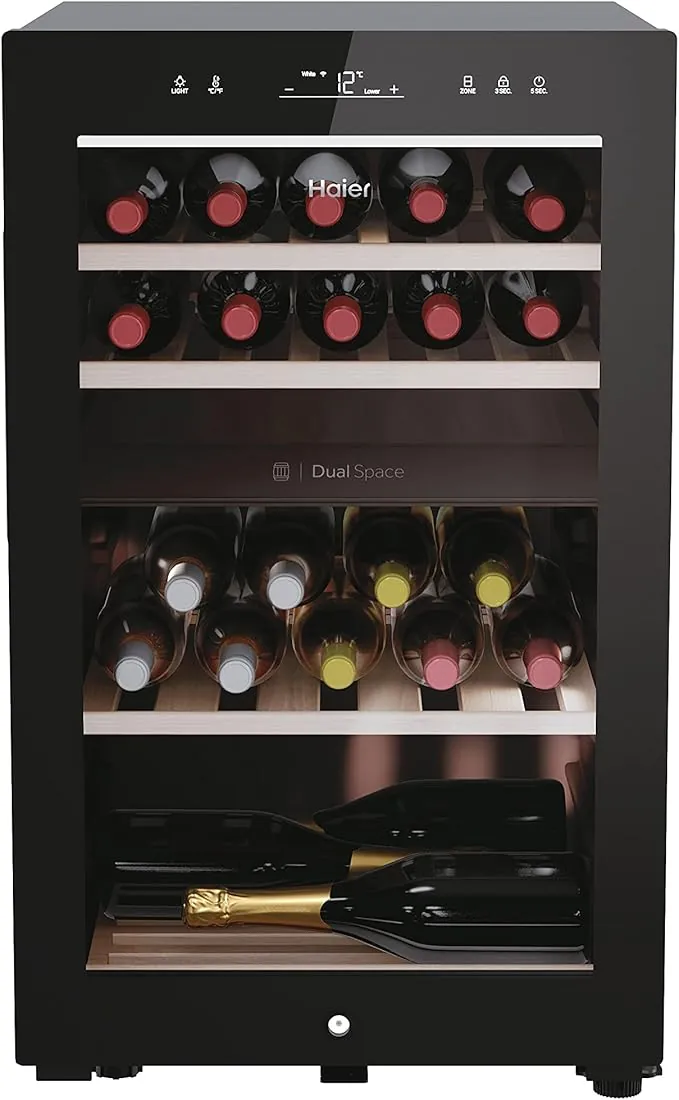 Haier Wine Bank 50 Series 7 HWS42GDAU1- Vinoteca de 42 botellas, Estantes de madera, Filtro Anti-UV, Filtro de carbón, Refrigeración por Compresor, Display Digital, Iluminación LED, Silenciosa 37 dbA