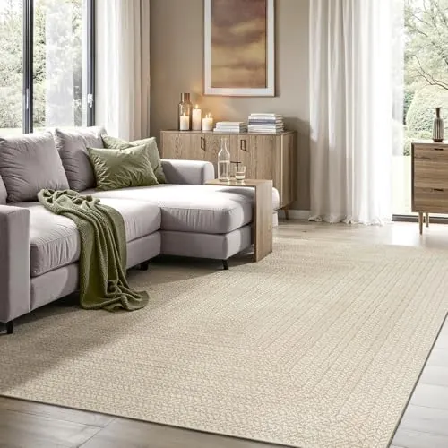 the carpet Kansas - Alfombra para Exterior e Interior con Aspecto de Yute Natural, Resistente a la Intemperie, Apta para Patio y jardín, Crema, 200 x 290 cm