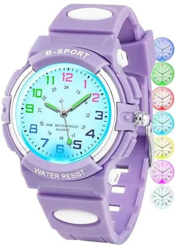 GUUMUXIN Reloj Analógico para Niños y Niñas con Luces Multicolores, Reloj de Aprendizaje Resistente al Agua hasta 30 Metros con Correa de TPU, Relojes Deportivos al Aire Libre 5-16 Años