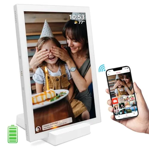 Frameo Marco de fotos digital 10,1 pulgadas, 5000 mAh, batería, WiFi, 32 GB, pantalla táctil IPS, carga inalámbrica, rotación automática, compartir fotos y vídeos