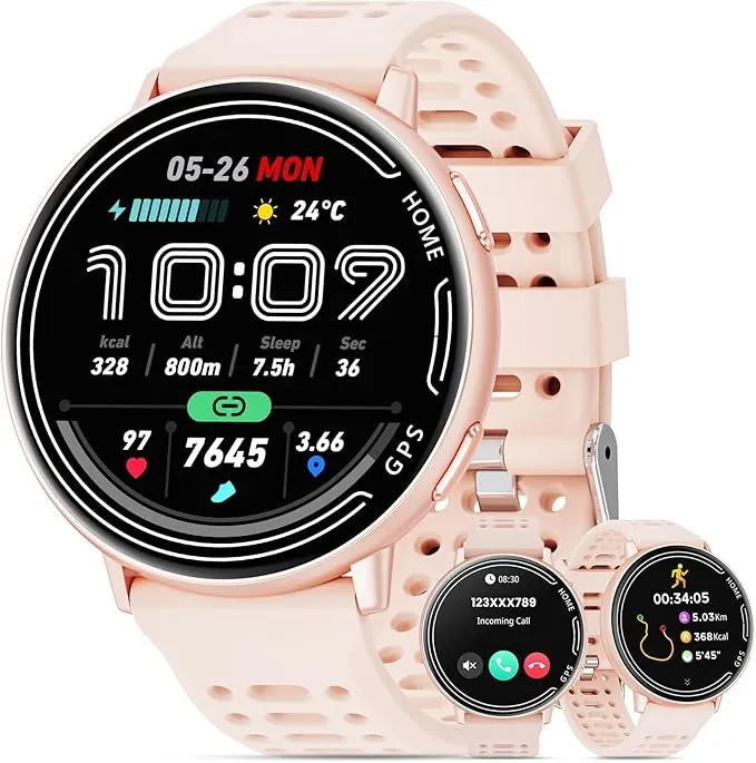 Reloj Inteligente Militar con GPS, Reloj Inteligente de Pantalla 1.39 'rastreador de Fitness Masculino/Femenino, Compatible con Android e iOS (Respuesta a Llamadas Bluetooth/dial) (Rosa)