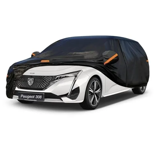 Kayme Funda Coche Exterior, Compatibles con Peugeot 308(2013–2026), Cubierta para Coche Impermeable Transpirable Anti-UV Antipolvo de 7 Capas, Cubre Coche con Cremallera y Forro de Algodón.