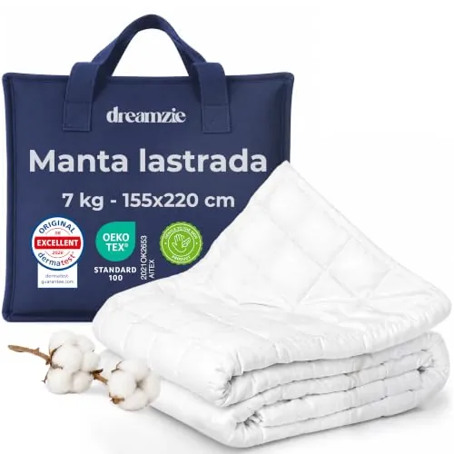 Dreamzie Manta de Peso 155x220 cm, Manta Peso Dormir 7 kg - Weighted Blanket Terapéutica Antiestrés - Mantas Funda de Algodón 100%, Oeko-Tex