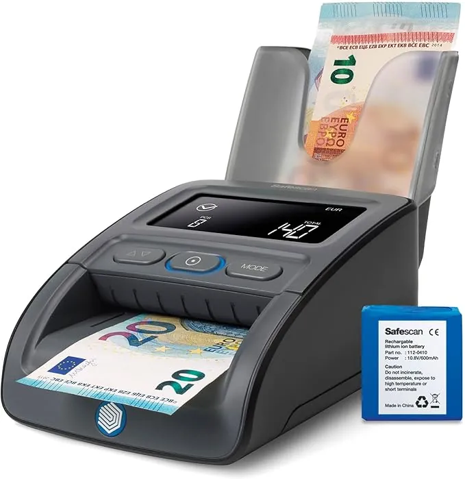 Detector de billetes falsos portátil Safescan 155-S completo para verificar rápidamente billetes - Detector billetes falsos con 7 puntos de detección - Detector de billetes falsos 100% fiable