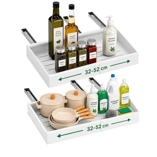 AMMERGI Cajones Extraibles para Cocina - Bandeja Extraíble Armario Cocina - Organizador Armario de Ancho Ajustable (32-52 cm) Para Almacenaje y Organizador en Hogar - Sin Taladrar (Blanco 42)