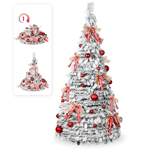 Artecreativa 180cm Árbol de Navidad Plegable, árbol de Navidad Artificial en Blanco nevado con Adornos navideños y Lazos, Montaje fácil, decoración para Fiestas navideñas